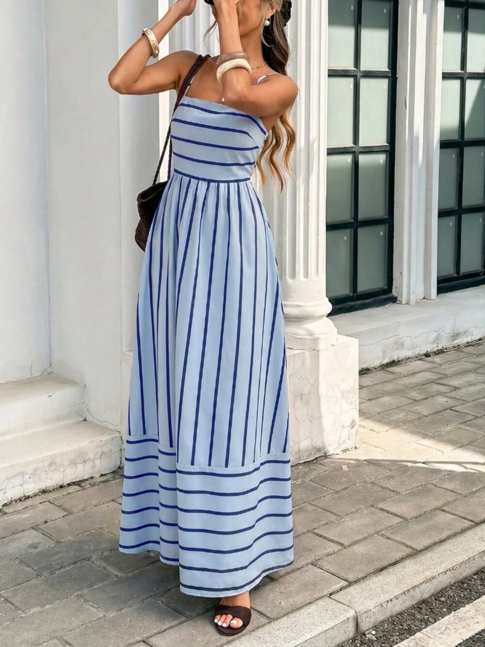 Blue Striped Casual Spaghetti Strap Women's Vacation Dress - Picture 7 of 8